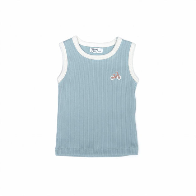 RIBBED SLEEVELESS TOP WITH EMBROIDERED BLUE & NATURAL