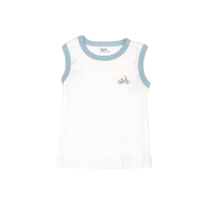 RIBBED SLEEVELESS TOP WITH EMBROIDERED NATURAL & BLUE